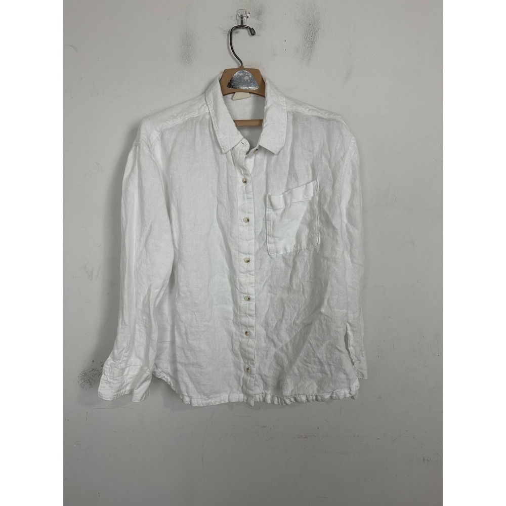 Pact Organic Linen Button Down Shirt White Long Sleeve Pocket Top Large